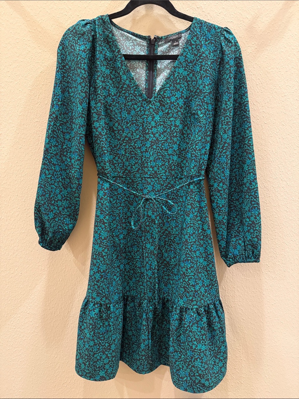 Ann Taylor Factory Teal Green Floral Long Sleeve Tie-Waist Dress